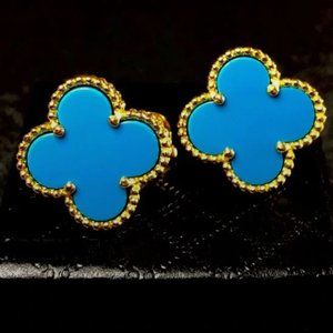 Turquoise Motifs Clover Gold European Stud Earrings